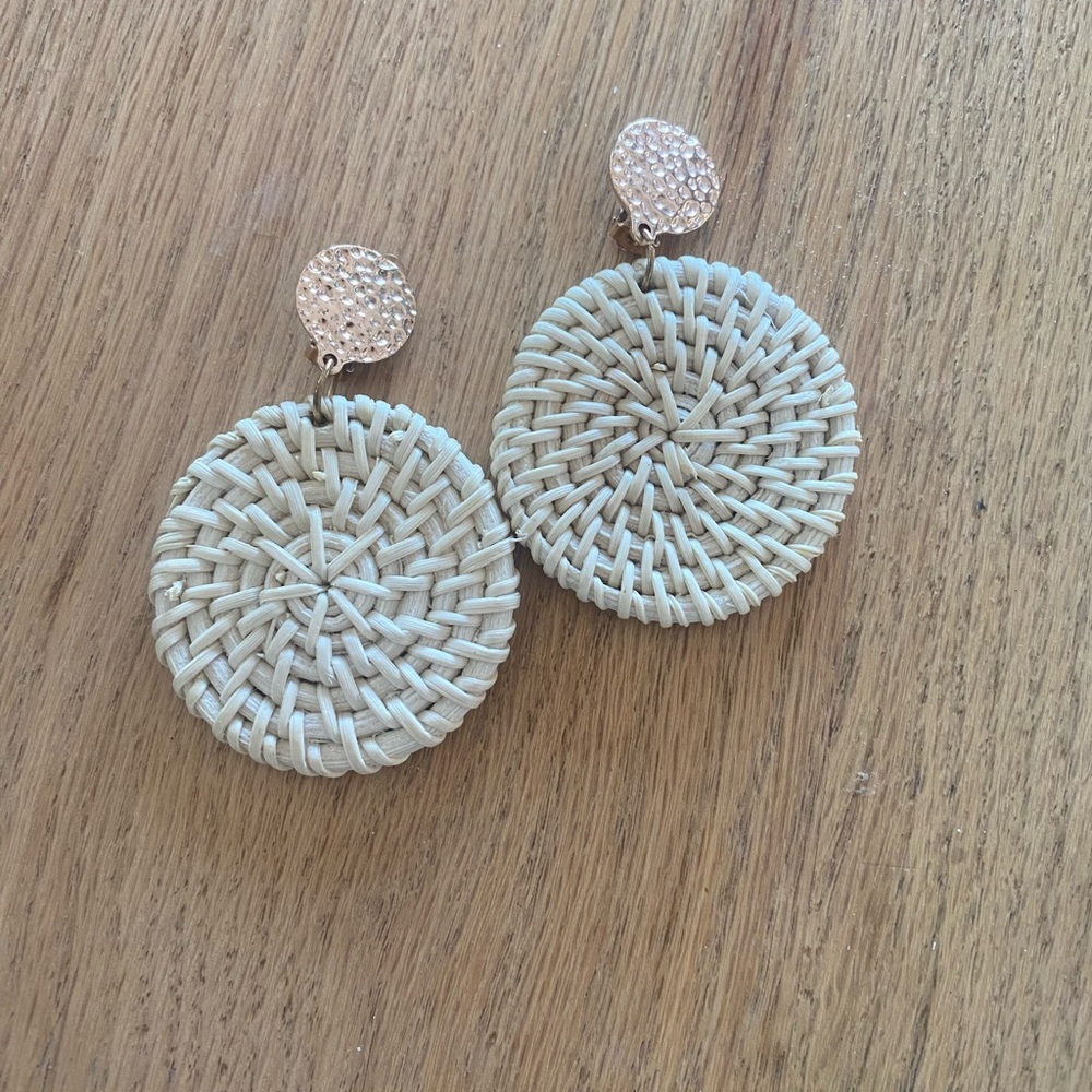 Woven Circle Rattan Drop Clip‎ Earrings Preloved